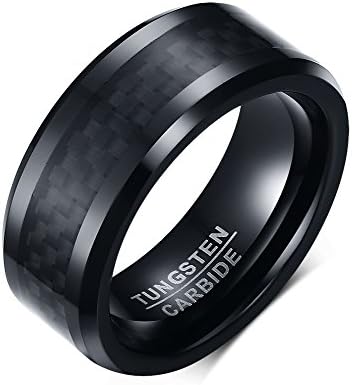SOL Rings Tungsten Wedding Band For Men, 8mm Black Tungsten Carbide Ring with Carbon Fiber Inlay and Polished Finish Beveled Edges, Comfort Fit, size 10