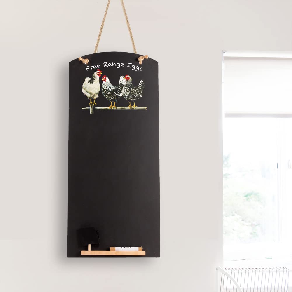 Chalkboards UK CHB125 Black And White Chickens Printed Tall Thin Chalkboard/Blackboard/Memo Board/Kitchen Board With Rope, Tray and chalk. Booths Design Range, Wood, Black, 60 x 26.5 x 1 cm