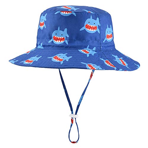 Baby Sun Hat with Removable Neck Flap - Adjustable Safari Toddler Kids Wide Brim UPF50+ Summer Bucket Hat with Chin Strap(Shark, 50cm)