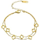 Novicca 18K Gold Plated Four Leaf Clover Charm Bracelet for Women, Double Sided Flower Link Chain Bracelet, Trendy Jewelry Gifts for Women