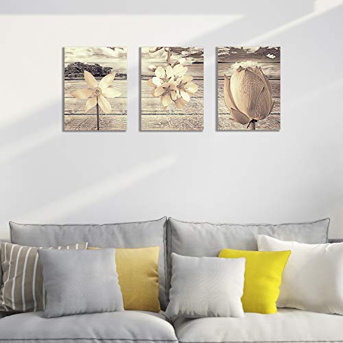 Canvas Art for Living Room Khaki Flower Wall Decor Painting and Brown Background Floral Print Pictures Artwork (12x16inch x3pcs)