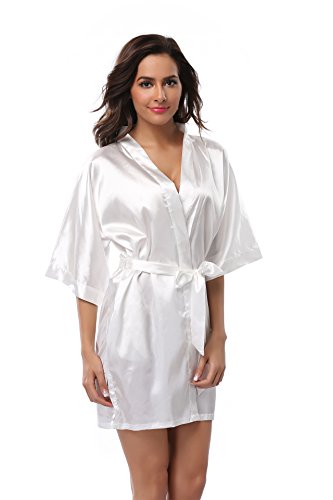 Women's Satin Kimono Robe Short Bathrobe For Wedding Party, Solid Color, Short, White,S