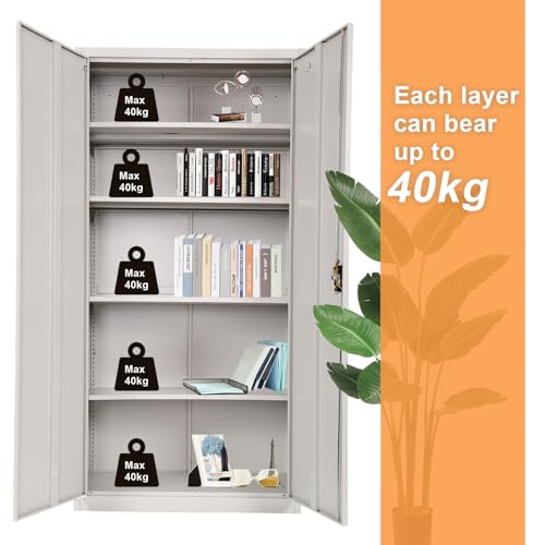 Frideko Filing Cabinet 90 x 40 x 185 cm - Metal Cabinet with 2 Doors and 2 Adjustable Shelves, Storage Cabinet with Lock for Home, Office and Warehouse, Light Grey