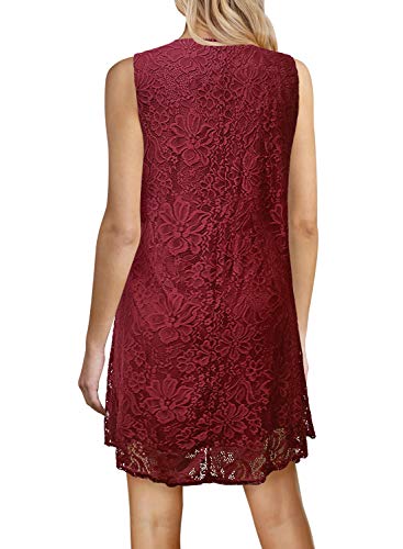 Kikula Women\'s Summer Sleeveless Lace Shift Loose Dress, Round Neck Flowy Swing Mini Dresses Wine Red