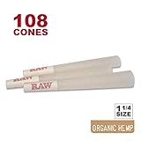 RAW 108 Organic 1 1/4 Cones - W Gallery Scoop Sticker - Discreet Box - Pure Hemp 1.25 84mm Pre-Rolled Cones - 26mm Filter Tips - Natural Unbleached Unrefined Rolling Papers - 100 + Bonus Pack