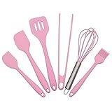 Silicone Baking Utensils Sets- 6 Piece Premium Silicone Baking Tool Set –Tongs, Whisk, 2 Sizes Spatula, Pastry Brush, Slotted Turner - Heat Resistant Baking Utensil Tool Set (pink)