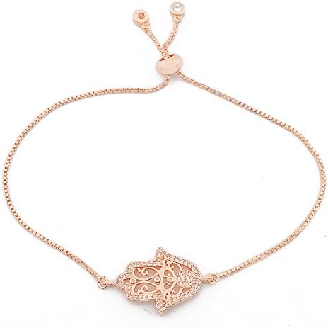 Fashion Metal Women's Snake Chain Hamsa Hand Charm Bracelets with Rhinestones 2 Danglers Ends Ball Clasp Adjustable Length Pink Gold