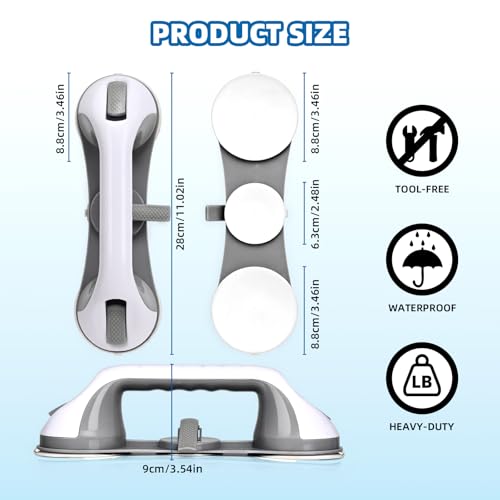Mikogo Grab Bars for Bathtubs and Showers, 2 Pack No-Drill Suction Shower Handles with 3 Suction Cups, Removable Bathroom Safety Balance Bars for Seniors, Smooth Tile & Glass, Gray
