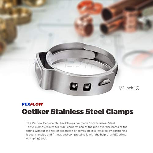 Pexflow PXKT-CR1234 Pex Cinch Clamps - 100 pcs of 1/2 Inch + 50 pcs of 3/4 Inch Stainless Steel Cinch Oetiker Corrosion-Resistant Clamps for Radiant Heating, Domestic Water & Other Plumbing Application