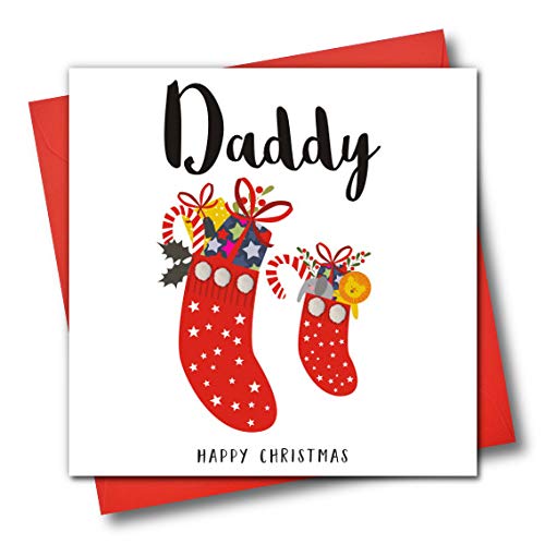 Claire Giles Greeting Cards, Happy Christmas Daddy Card, Christmas Stockings Design Xmas Greeting Card for Dad, Embellished with Colourful Pompoms