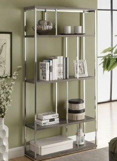 High Bookcase, 4 Shelf - 72"H, Wooden Shelves, with Chrome Metal Bars, Color Dark Taupe