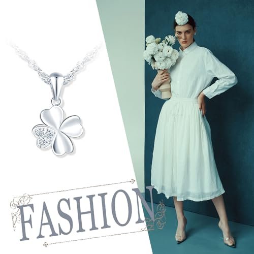 feilok Women's Necklace with Clover Leaf Cubic Zirconia Four Leaf Lucky Charm Pendant Made of 925 Sterling Silver Necklace for Women Girls