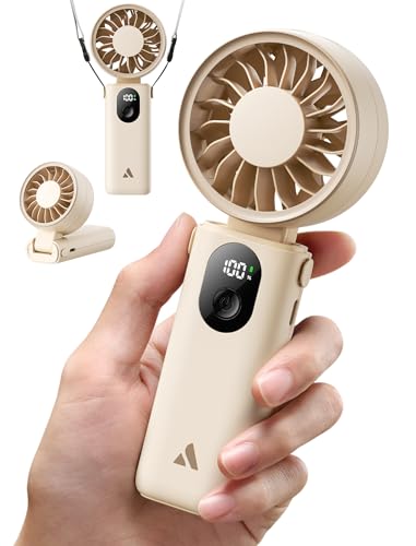 Aecooly Mighty Portable Handheld Fan, 3-in-1 Powerful Hand Fan Rechargeable [20H Max Cooling Time], 5-Speed Digital Display, Mini Personal Hand Held Fan for Summer, Travel, Gifts for Women - Beige