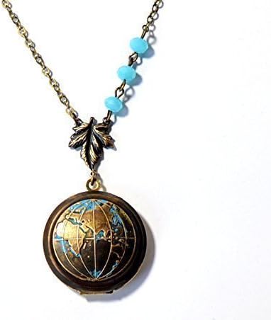 World map Locket necklace vintage oxidized blue crystals Europe Eastern hemisphere
