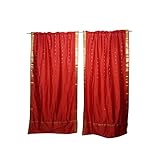 2 Indian Silk Sari Curtains Door Panel Red Collage Boho 84x44