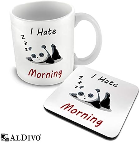 alDivo Premium Quality I Hate Morning Printed Combo Gift Pack of Ceramic Coffee Mug 350 ml + Printed Coaster