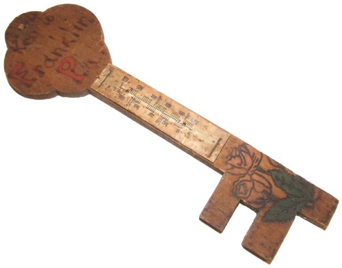 Early 1900's Figural Key to City Wooden Pyrography Thermometer - Franklin, PA