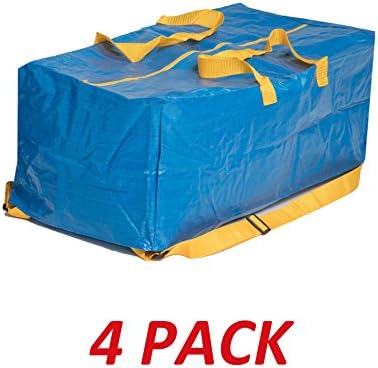 Klickpick Home Heavy Duty Reusable Extra Large Storage Bags -Pack of 4, Laundry Bag Shopping Moving Totes Bags Underbed Storage Bins Zipper -Backpack Handles,Compatible with IKEA FRAKTA CART- Blue