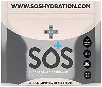 SOS Hydration- Electrolyte and Mineral Drink Mix- (Coconut) 50 50 Serving Refill Pouch (250g) | Low Sugar | Keto Certified| Non-GMO | Gluten Free|