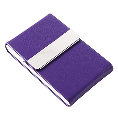 JuneLsy Business Card Holder Case - Professional PU Leather Business Card Case Metal Name Card Holder Pocket Business Card Carrier for Men & Women with Magnetic Shut (S-Purple)