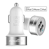 [Certified by Apple - Lifetime Warranty] ACEPower® Dual USB Ports 3.4A Portable USB Car Charger for iPhone 6 6plus 5 5S 5C 4 4S,iPad 4 3 2,iPad mini,iPad air Battery Power Supply for All Apple Device, Galaxy, Cell Phones, Tablet, Android Devices, Portable Cigarette Lighter Plug, Mobile Travel Charging Station 12V Input (Lightning Cable/Adapter Not Included)- Premium MFI Quality (White w. Silver Band)