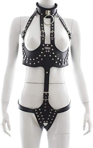 Cherryhenhong Black Faux Leather with Round Rivets Adjustable one-Piece Exposed Breasts, Queen, Slave, pin Buckle Belt