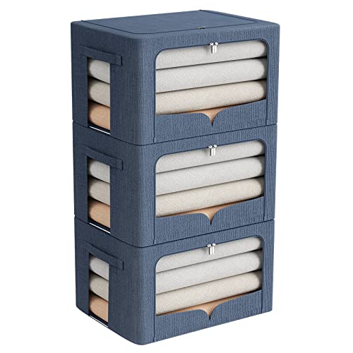 FHSQX 3 Pack Clothes Storage Bins - Foldable Metal Frame Storage Box - Stackable Linen Fabric Container Organizer Set with Carrying Handles and Clear Window (Blue, 15.7x11.8x11.8inch(36L))