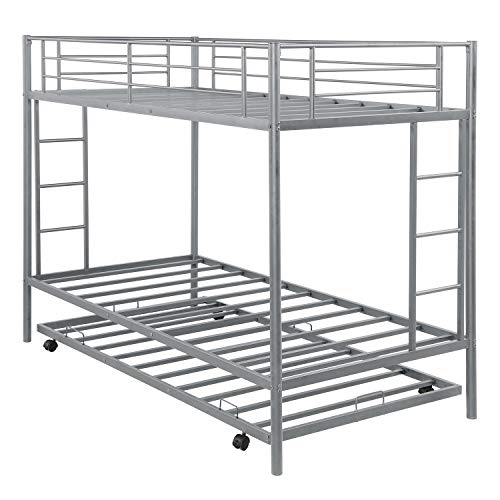 Twin Over Twin Metal Bunk Bed with Trundle, Rockjame Space Saving Design Sleeping Bedroom Bed Frame with 2 Ladders and Safety Rail for Boys, Girls, Kids, Young Teens and Adults (Sliver)