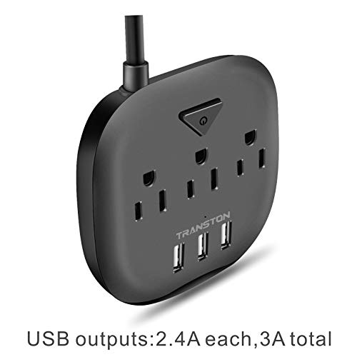 Power Strip 3 Outlets and 3 USB Ports with Switch Control, Desktop Charging Station with 5 ft Extension Cord, Compact for Nightstand, Office and Travel - Black