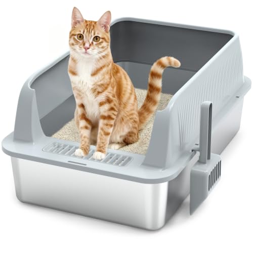 Vivifying Stainless Steel Cat Litter Tray, XL Stainless Steel Cat Litter Box Easy to Clean and Odour-Resistant with Scoop for Cats up to 8.2kg (Light Grey)