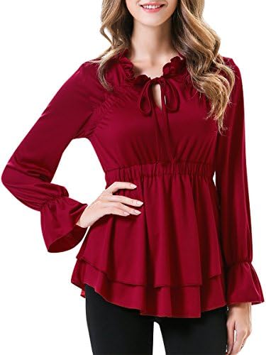 Fover Women's Peplum Blouse Ruffle V Neck Empire Flared Long Sleeve Babydoll Top, Burgundy, Small