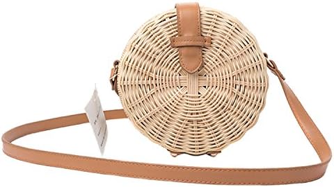 Women Straw Bag Bohemian Bali Rattan Beach Handbag Vintage Crossbody,Yellow,D18 H5(cm)