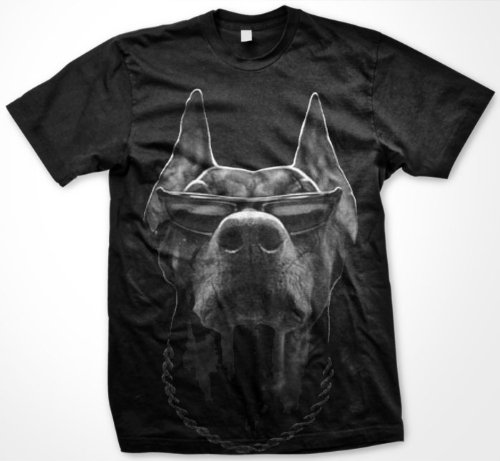 Doberman with Shades Mens T-shirt, Liquid Blue Oversized Design Mens Shirt, X-Large, Black