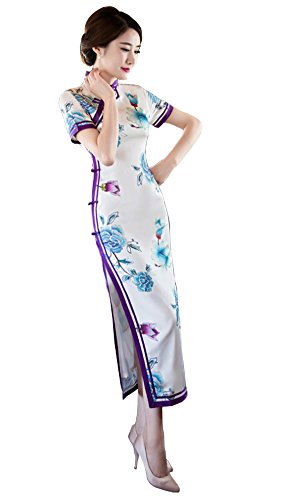 Angcoco Women's Short Sleeve Flower Printed Maxi Cheongsam Dress China Qipao