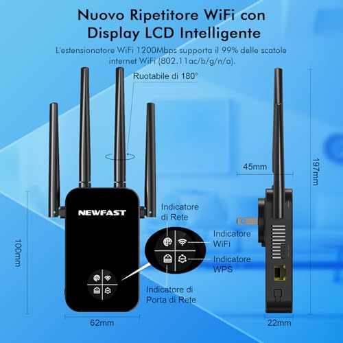 NEWFAST Powerful WiFi Repeater for Home, 1200Mbps WiFi Extender Dual Band 2.4GHz/5GHz with 4 High Gain Antennas, Ethernet Port, WPS, Smart Display, Supports 3 Modes (Black)