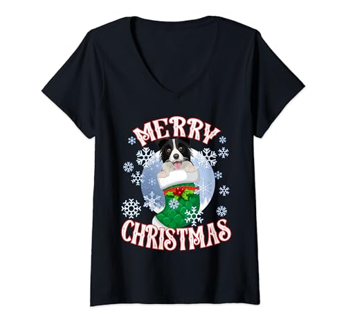 Border Collie Cute Dog In A Christmas Stocking Stuffer V-Neck T-Shirt