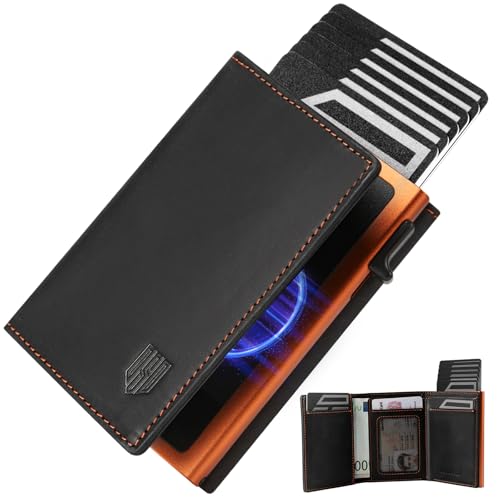 RFID Blocking Pop Up Wallet for Men, 100% Genuine Leather Slim Bifold, Aluminum Card Holder with ID Window, YKK Zipper Pocket, Minimalist Front Pocket Travel Wallet, Ideal Gift for Men, Black Orange