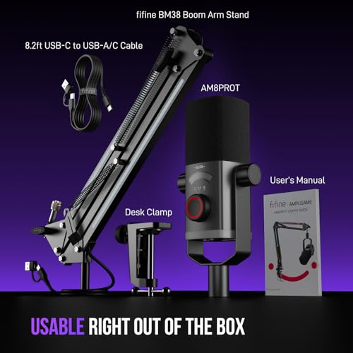 FIFINE Gaming Microphone Kit, XLR/USB Dynamic PC Microphone with Boom Arm for Podcast Recording, RGB Streaming Mic Set, Tap-to-Mute, Mix Control, Headphone Jack-AmpliGame AM8PROT