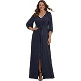 KOH KOH Womens Long Pleated Bishop ¾ Sleeve V-Neck Modest Slit Maxi Dress