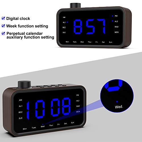RockSeed Digital Alarm Clock Radio, WoodGrain FM Radio with Large Blue
