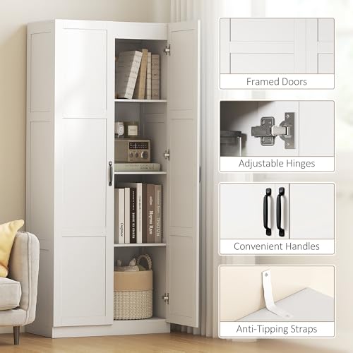 HOMCOM 71" Tall Kitchen Pantry Cabinet with Soft-Close Hinges, Modern Farmhouse Freestanding Pantry Storage Cabinet with 2 Framed Doors, 4 Adjustable Shelves, White