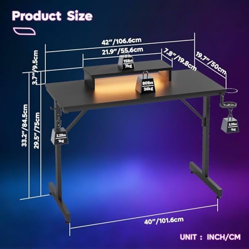 Escritorio Gaming 106.6CM LED Escritorio de Ordenador con Soporte de Monitor Estación de Trabajo Gamer con Portavasos Ganchos para Auriculares para el Hogar Oficina Dormitorio Pequeño Espacio