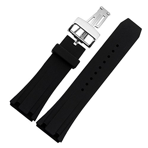 MSTRE Men's Black Silicone Watch Band with Butterfly Buckle Compatible with Audemars Piguet -GJ25 (26mm, Silver)
