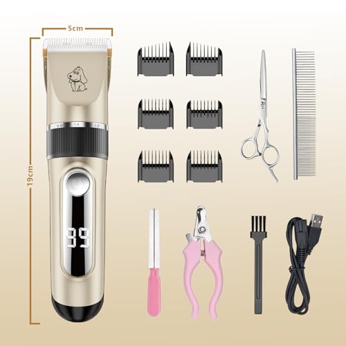 Professional Dog Clipper Waterproof IPX7 Silent LED Display | Cordless Pet Clipper, USB Rechargeable, 6 Guide Combs, Ceramic Blade Adjustable in Size