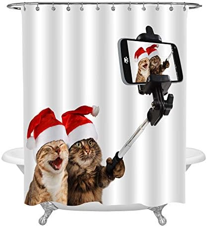 MitoVilla Funny Cats in Red Christmas Hats Smile Shower Curtain Set with Hooks, Cute Animals Bathroom Accessories for Pet Lovers Room Decor, 72 W x 78 L inches