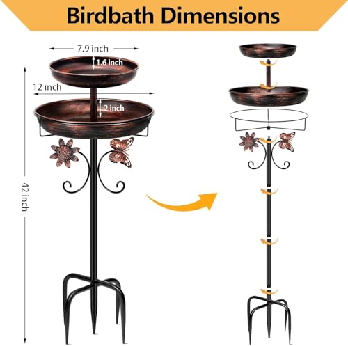 Bird Bath for Outside, 42In Vintage Freestanding Birdbaths for Outdoors, Double Metal Bird Bath Feeder Bowls for Garden Patio Yard Lawn Decor, Upgraded 5-Pronged Base (Antique Bronze)