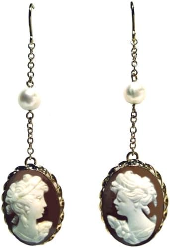 Cameo Earrings Conch Shell Sterling Silver 18k Gold Overlay Italian French Wire Fresh Water Pearl