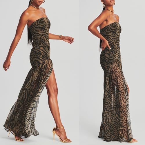 Women Tube Top Dress Tiger Stripe Mesh Patchwork Maxi Dress Strapless Sexy High Slit Long Dresses Party Clubwear