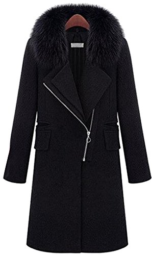 Enlishop Women's Black Winter Faux Fur Hooded Long Wool Trench Coat Jackets Enlishop Women's Black Winter Faux Fur Hooded Long Wool Trench Coat Jackets