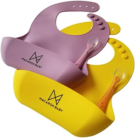 MACARON BABY waterproof silicone bibs, easy to clean, comfortable soft bibs keeps stains off, with food catcher pocket + BONUS Silicon Spoon X2 (FDA &amp; LFGB approved, BPA FREE) (Lavender Lemon)